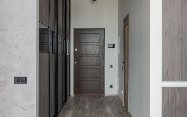 The entry hall of an apartment with a dark front door and closet doors